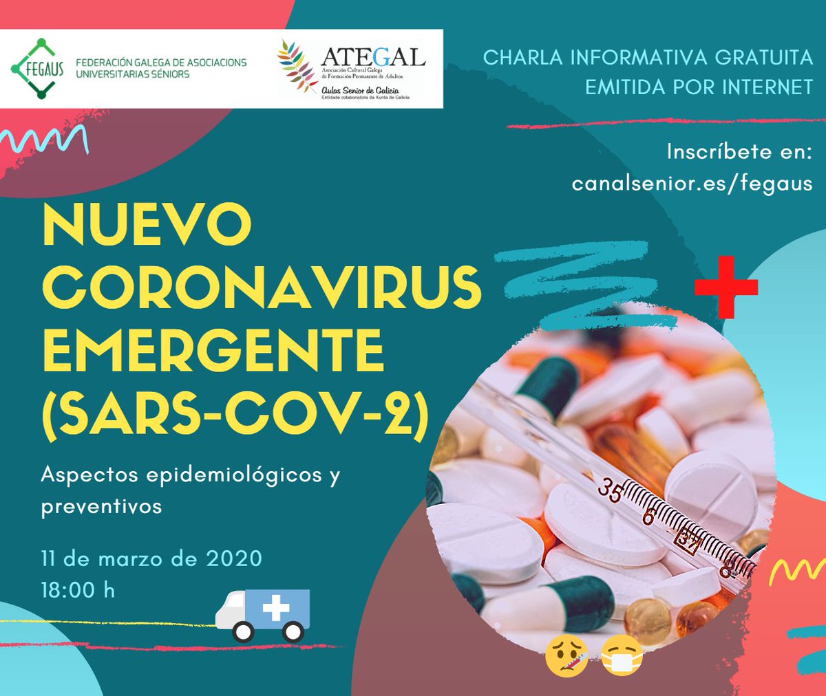 CeMITCuntis's tweet photo. Mañá mércores, ás 18:00h temos a charla informativa de #fegaus @ategal @canalsenior «Novo #coronavirus emerxente (SARS – COV – 2). Aspectos epidemiolóxicos e preventivos» #CeMIT #Cuntis https://t.co/olhzq0y8oy