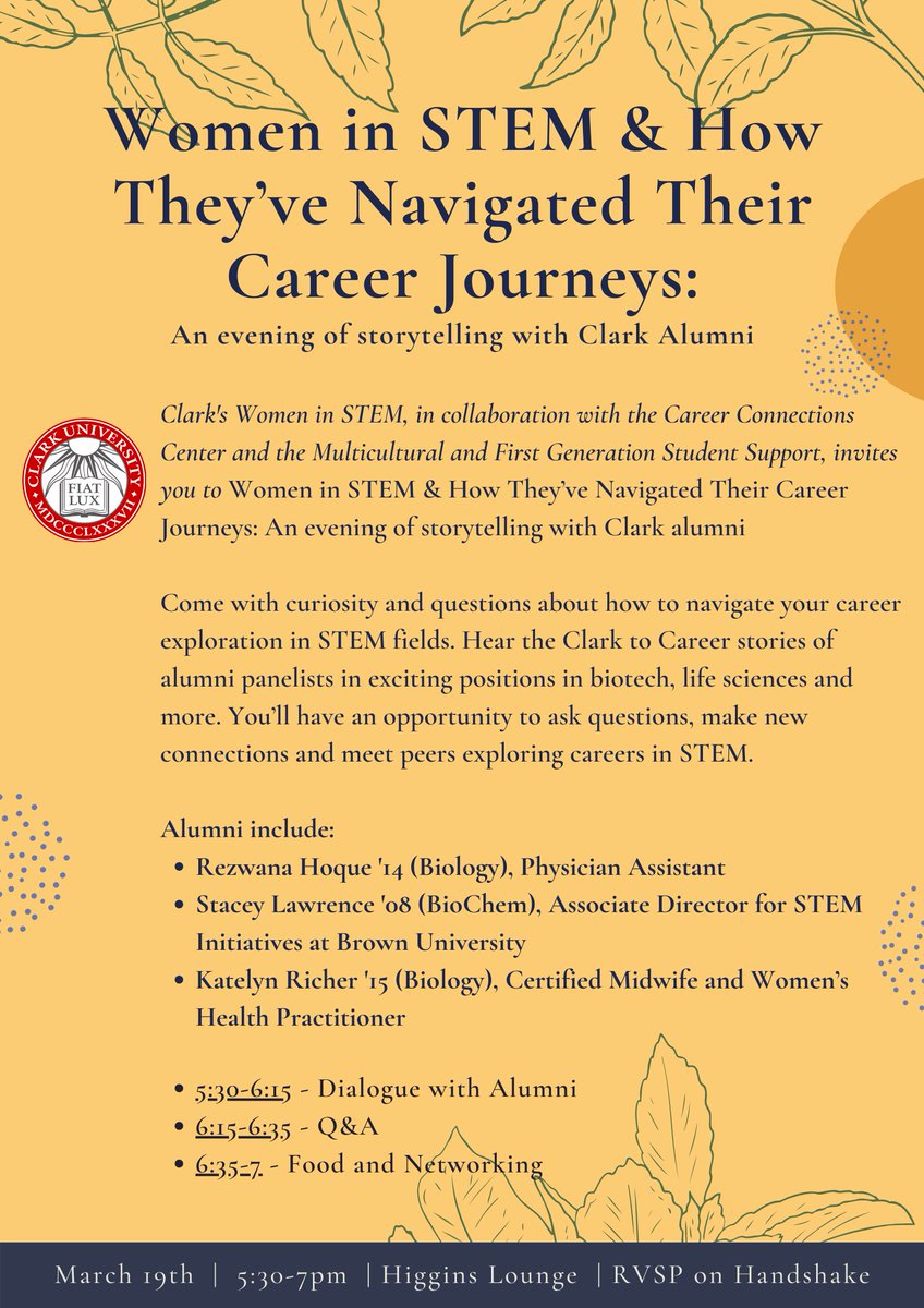 cu_odi's tweet image. Join Clark Women in STEM for their upcoming co-sponsored event, Women in STEM: Navigating Personal Identities and Career Journeys | March 19th, 5:30pm-7:00pm