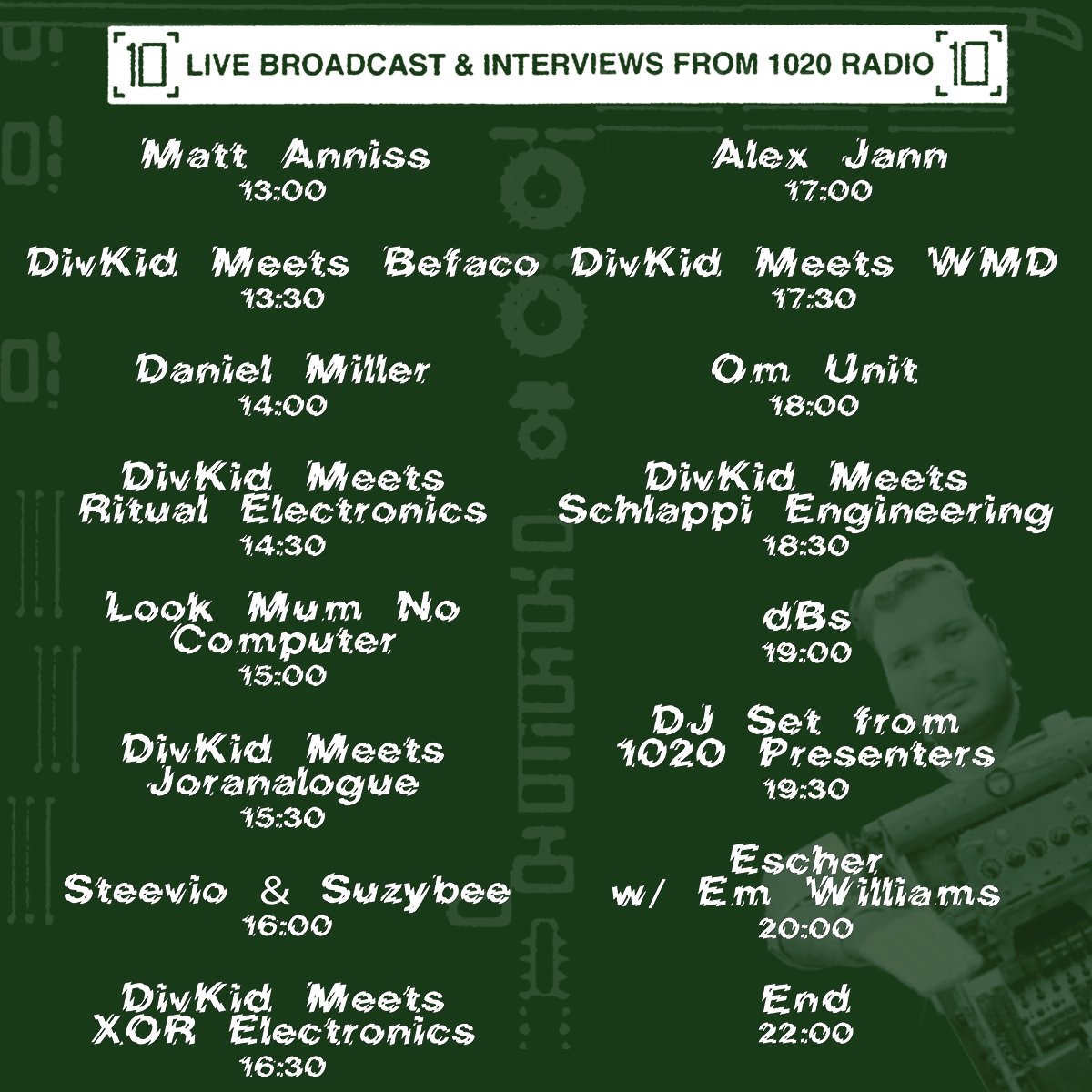 Meticulously calculated timing sheets are now available for Machina. Mark off the most time-effective route from stage to stage (don't forgot to factor in time for machine jamming..)

Swipe to the end for the full 1020 Radio Lineup including all of the DivKid interviews!