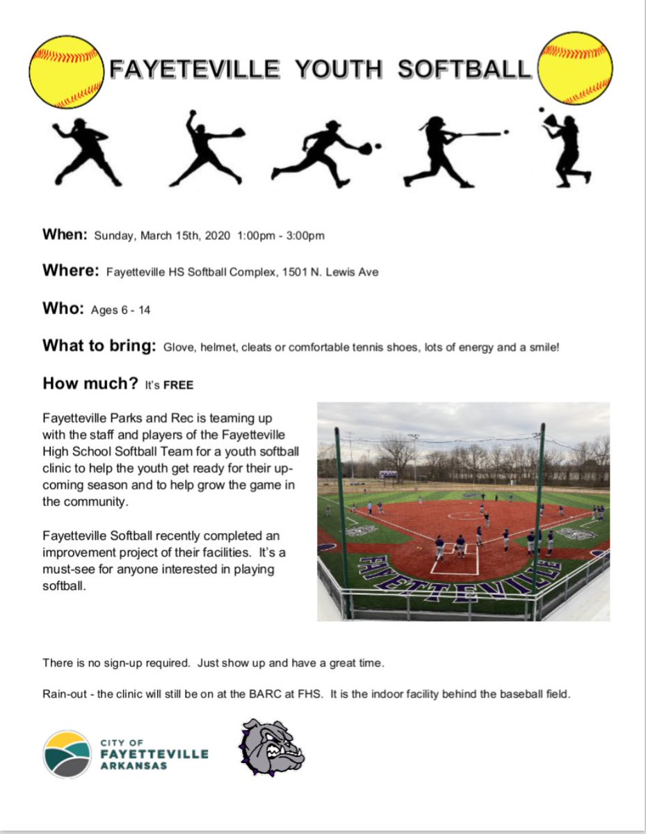 Come out to the Fayetteville Youth Softball Clinic on March 15th at Fayetteville High School Softball Complex! 
Address: 1501 N. Lewis Ave 
The clinic is FREE and our very own <a href="/MeganTurk00/">Megan Turk</a> and Katie Warrick will be there representing the Warehouse!