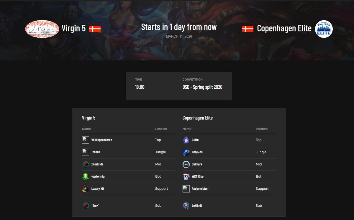 Tomorrow at 19.00 we will be facing off against Virgin 5 
for the rights to 1st place. 
The game will be streamed from our toplaners perspective at twitch.tv/lolguffe with a 3 minute delay.