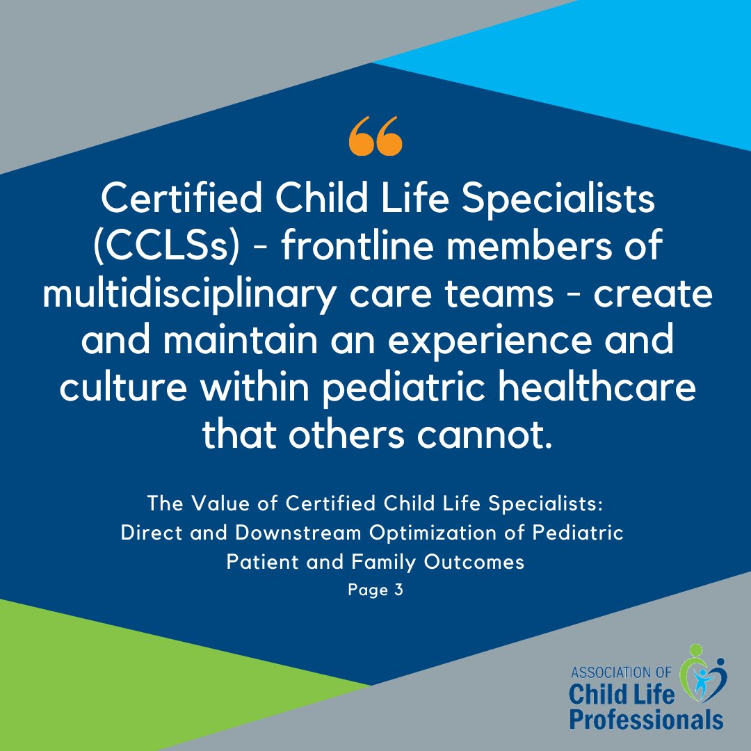 For #ChildLifeMonth, we're sharing quotes from The Value of Certified Child Life Specialists: Direct and Downstream Optimization of Pediatric Patient and Family Outcomes. Read them both here: bit.ly/ACLPValueProp &amp; bit.ly/ACLPValuePropS….

#ChildLife #PlayTherapy #Pediatrics