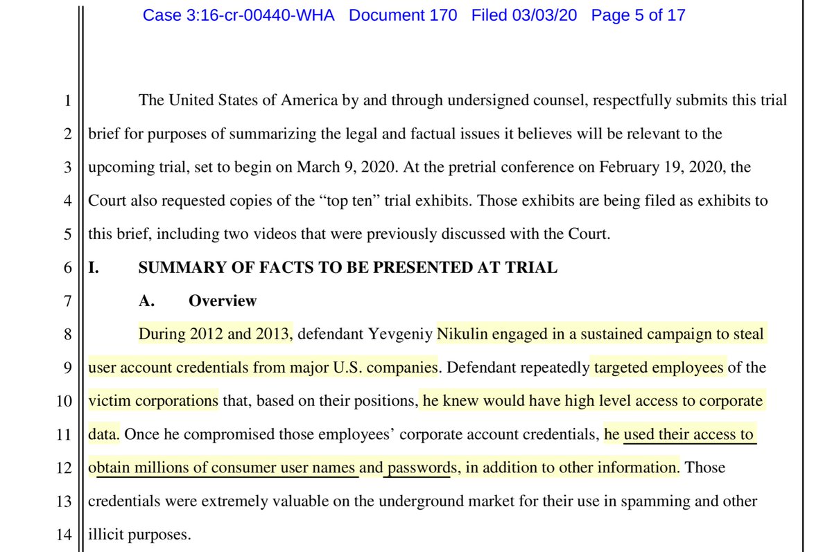 Last week the Govt filed a trial brief and a massive amount of exhibits I’m running late for a lunch meeting but here’s a link (possible paywall) or you can give me until 1:15PM to upload https://ecf.cand.uscourts.gov/doc1/035019025579?caseid=304407