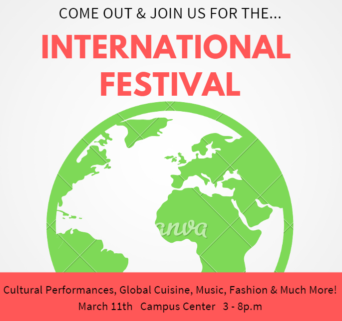 UWGAbroad's tweet photo. Join us TOMORROW, March 11th, for the International Festival taking place in the Campus Center. There will be cultural performances, global cuisine, music, fashion and so much more from 3-8pm. Come out & let's have a good time! #uwg #GowestGoworld https://t.co/S1nI1BXbYB