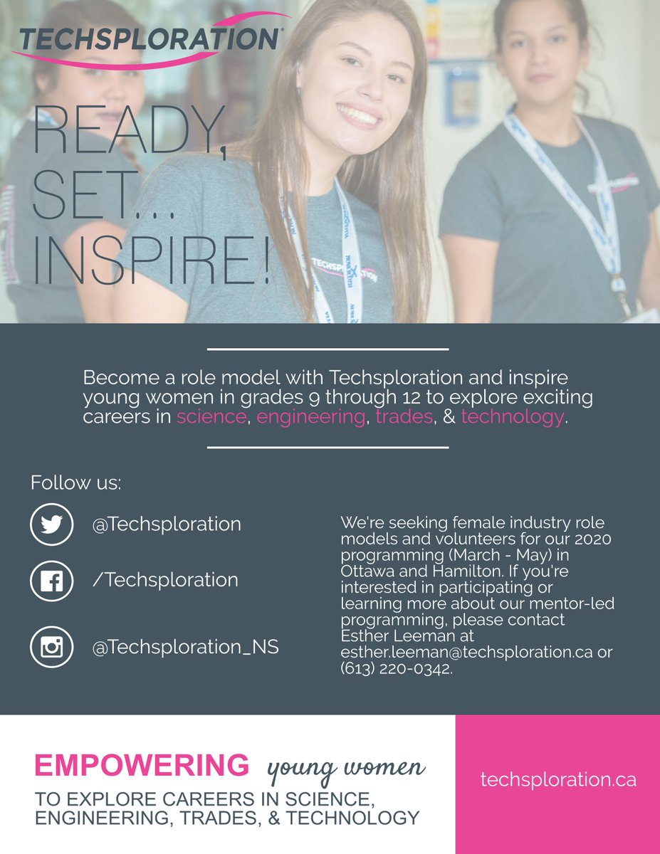 Techsploration's tweet photo. Ready, set...inspire! We're in program mode and seeking #STEM & #skilledtrades role models/volunteers for spring programming in both Nova Scotia & Ontario! #womenintrades #womeninSTEM #mentorshipmatters #techsploration22 @NSCCNews @MohawkCollege https://t.co/gkyVbgKg19