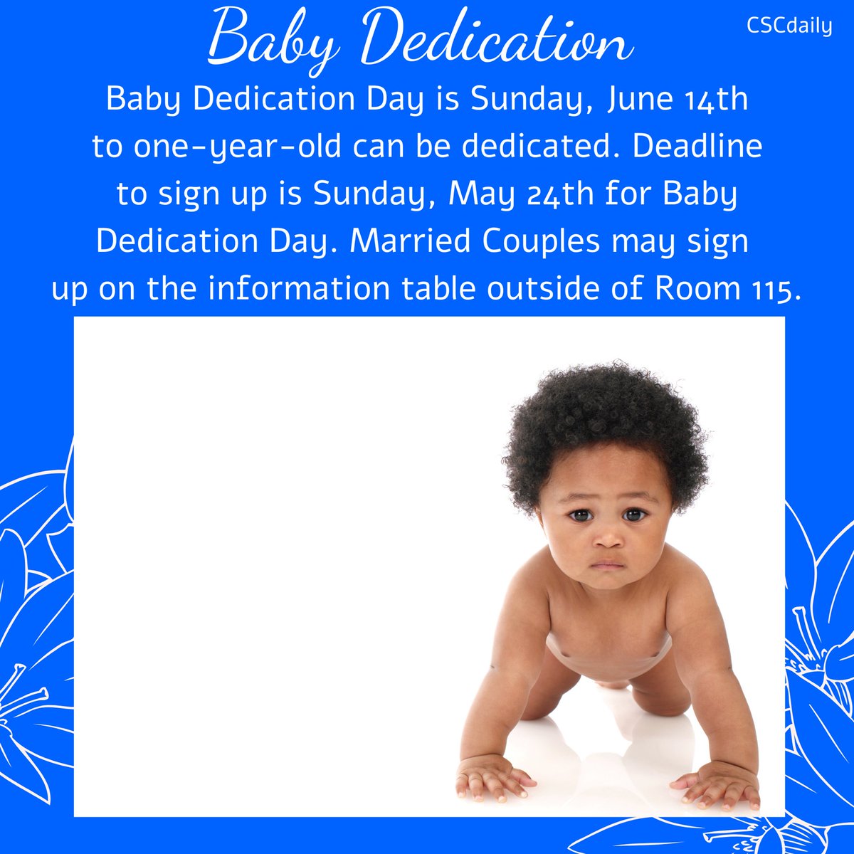 cscdaily's tweet image. Calling All Married Couples of CSC! Please sign up for Baby Dedication Day at CSC in room 115. #BabyDedicationDay #MarriedCouples #cscMembers #Please #SignUp #Room #115 🌇🌃⛪️👶🏾👶🏻👶🏿👶🏽👶🏼
