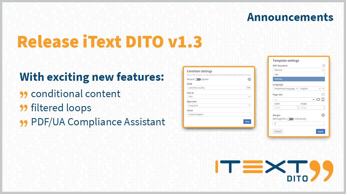 iText's tweet photo. We are excited to release v1.3 of iText DITO, iTextβs low-code PDF generator. This release contains several new features to help with template creation, including the PDF/UA Compliance Assistant: https://t.co/x4ltENvxtZ
#pdftemplates #pdfUA #section508 #docgen https://t.co/ABNLRCDbQG