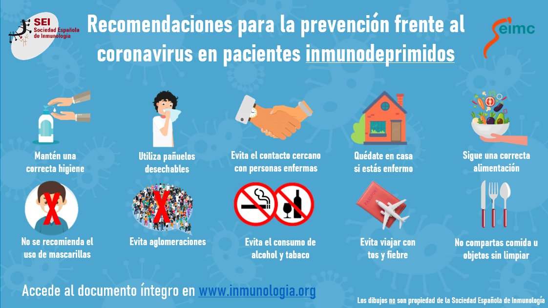 ‼️ Mantén una correcta higiene, usa pañuelos desechables, evita el contacto cercano con personas enfermas, quédate en casa si estás enfermo, sigue una correcta alimentación, entre los consejos de <a href="/SEinmunologia/">SEInmunología</a> y <a href="/SEIMC_/">SEIMC</a> para la prevención del #COVID19 en inmunodeprimidos 👇