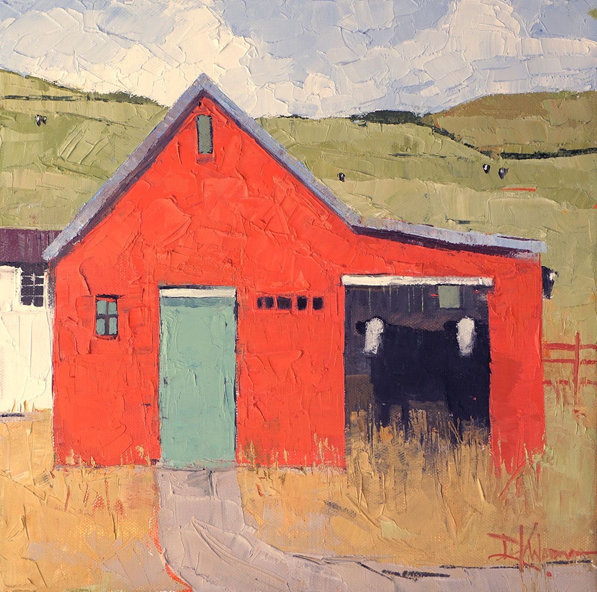 HWarlow's tweet photo. Dinah Worman. Such clarity and depth to her paintings and the quality of light beautiful. ‘Barns and Cows II’ Oil on Canvas.  American painter.  Love the brightness. https://t.co/5jVgL9WWcN