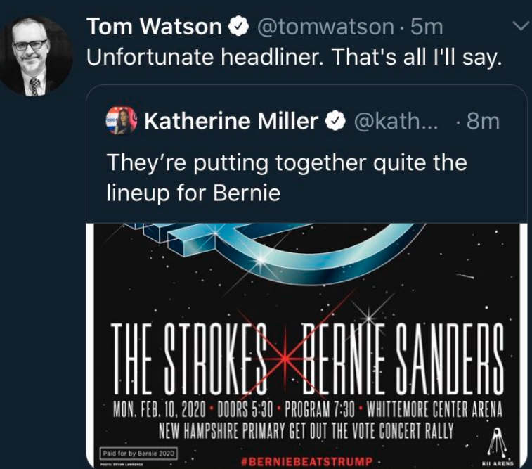 was unfurled at the Sanders event,Tom tweeted that Sanders, first serious Jewish candidate for president, who lost families in the Holocaust, was "gunning for the white nationalist vote." Here's another classy tweet from Tom who talks about Bernie Bros all the time, mocking (5/?)