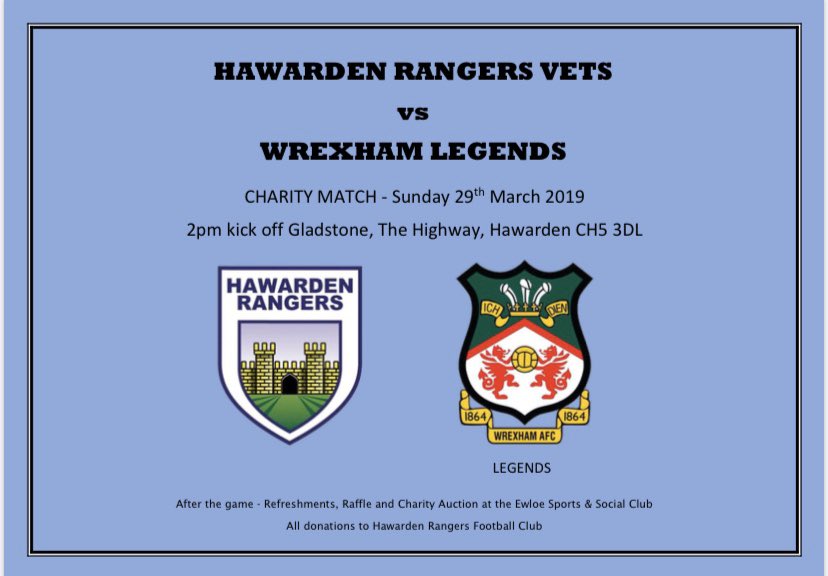 With our first Legends night now in the books, just a quick reminder that we're next in action against <a href="/HawardenRangers/">Hawarden Rangers</a> Vets on Sunday, March 29th.

Keep your eyes peeled for player announcements shortly.

Hopefully we'll see you there.
