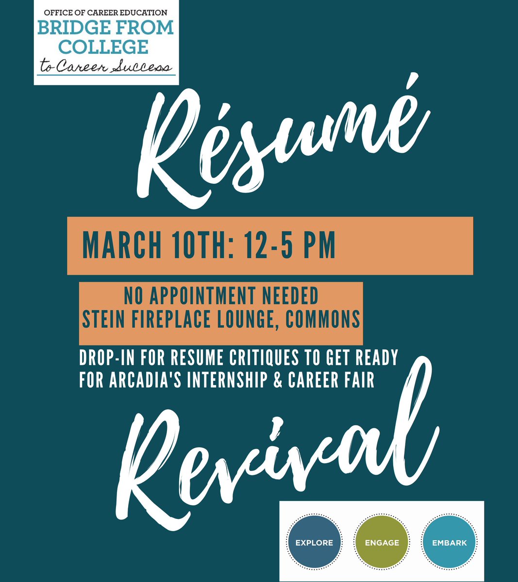 ArcadiaOCE's tweet photo. Drop by Stein Fireplace Lounge (Commons) TODAY until 5PM to get a quick resume critique from one of our Career Educators. 
No Appointment Needed! https://t.co/cmb6hI0Nxz