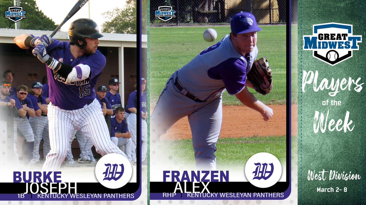 GreatMidwestAC's tweet photo. #GreatMidwest Baseball ⚾️ Players of the Week

West Division
Player: Joseph Burke, KWC (4 HR, 9 RBI, 8 R, 5-0 week)
Pitcher: Alex Franzen, KWC (CG w/ 13 K vs. SVSU, 2-0)

📰: https://t.co/JDrsDrHrKd https://t.co/dh4z8jUW5D