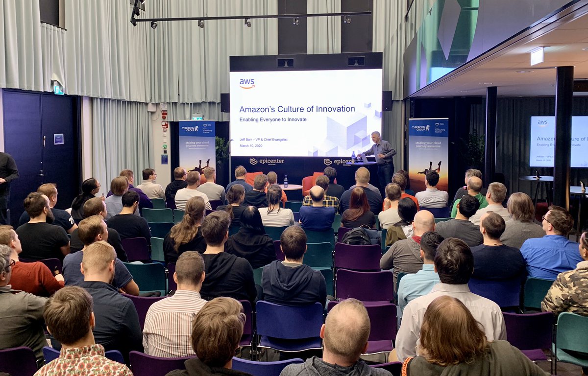 CybercomFinland's tweet photo. Whoa! 🔥It’s a full house tonight at @awsfin meetup in Helsinki. And special guest with us: @jeffbarr , AWS VP and Chief Evangelist. Jeff is presenting Amazon’s Culture of innovation💡#AWS #Innovation #culture #meetup https://t.co/BYUF65OC0F