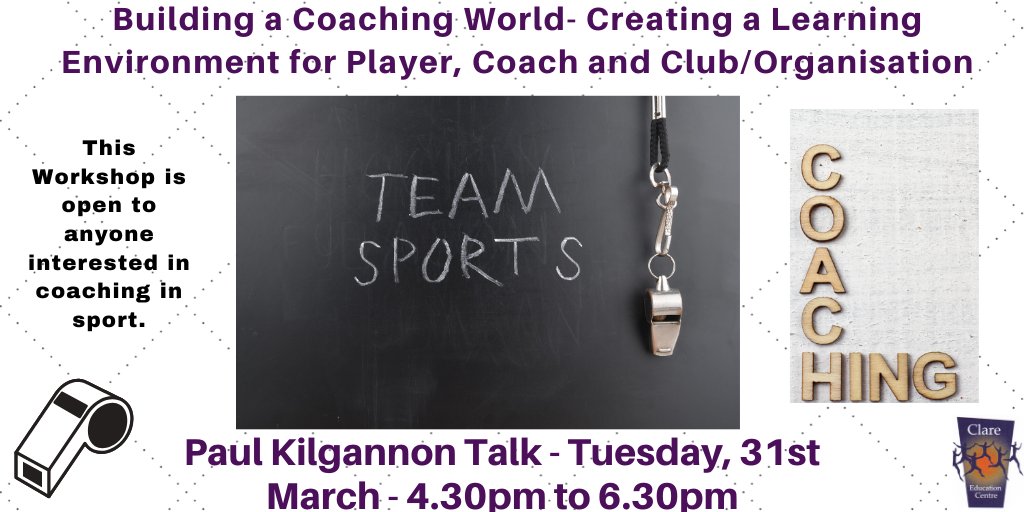 Have you an interest in coaching in sport?  If so, do not miss this Paul Kilgannon Workshop.

Register here - clareed.ie/cpd-courses/po…

#ClareEdLearning #ClareGAA #LearningAndDevelopment 

<a href="/carver_coaching/">CARVER Coaching and Performance</a>