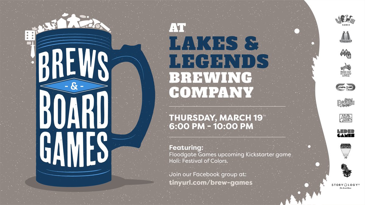 Find B&amp;BG at Lakes &amp; Legends Brewing Co. on March 19th from 6pm to 10pm. So far there have been a lot of new games this year, so don't miss out!

This month we are featuring Floodgate Games' Holi: Festival of Colors. Come play it and then back it on Kickstarter!