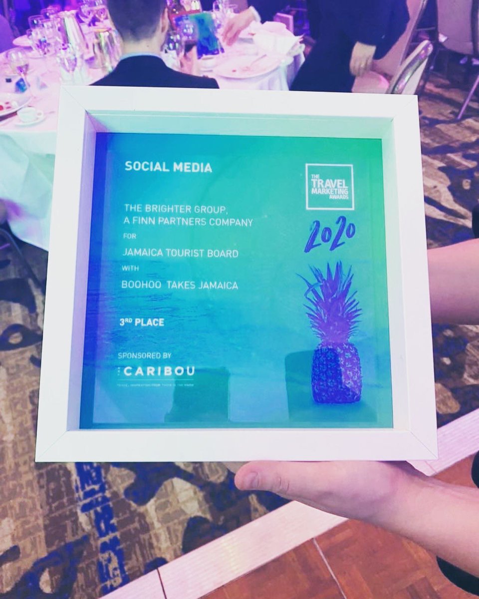 AnnekaVD's tweet photo. Sooo pleased at getting 3rd place last night at @The_TMAs for our ‘@boohoo takes @VisitJamaicaUK’ project in the ‘Social Media Campaign of the Year’ category. Also HUGE well done to @BrighterPR on winning ‘PR Agency of the Year’ and ‘Representation Agency of the Year’! #TTMA2020 https://t.co/WAkCnQFMtu