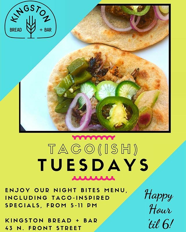 kingstonbread's tweet image. Announcing Taco(ish) Tuesdays at KB+B! Every Tuesday evening we’ll feature a new take on tortillas + toppings 🌮. (Tonight it’s scallion pancakes with duck confit!) Get these or anything else on our Night Bites menu from 5 til 11 pm. Plus, $2 off draf… ift.tt/2wNLt4p