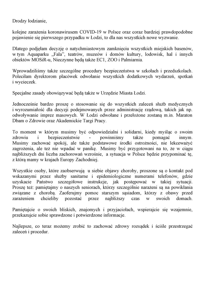 HannaZdanowska's tweet photo. Drodzy łodzianie, nowe przypadki w Polsce i prawdopodobne pojawienie się koronawirusa w Łodzi, to dla nas nowe wyzwanie. Dlatego podjęłam decyzję o zamknięciu miejskich basenów, teatrów, muzeów, domów kultury i lodowisk. Nieczynne będą także EC1, ZOO i Palmiarnia #lodz https://t.co/79Hjui2w4Q