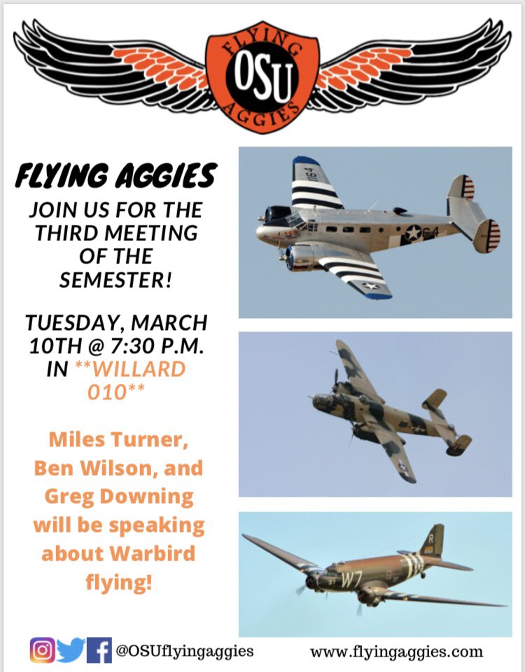 Come out tonight at 7:30 to hear from Miles Turner, Ben Wilson, and Greg Downing about flying warbirds! Pizza and drinks will be provided as usual.