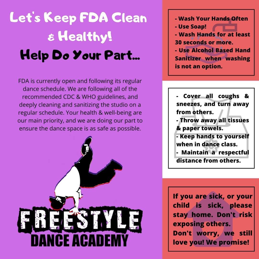 FreestyleDAPA's tweet photo. 🗣 FDA is currently open and following its regular dance schedule. Your health &amp; well-being are our main priority, and we are doing our part to ensure the dance space is as safe as possible.
➡️ Reminder: If you are sick, stay home! https://t.co/9C0805b8Y4