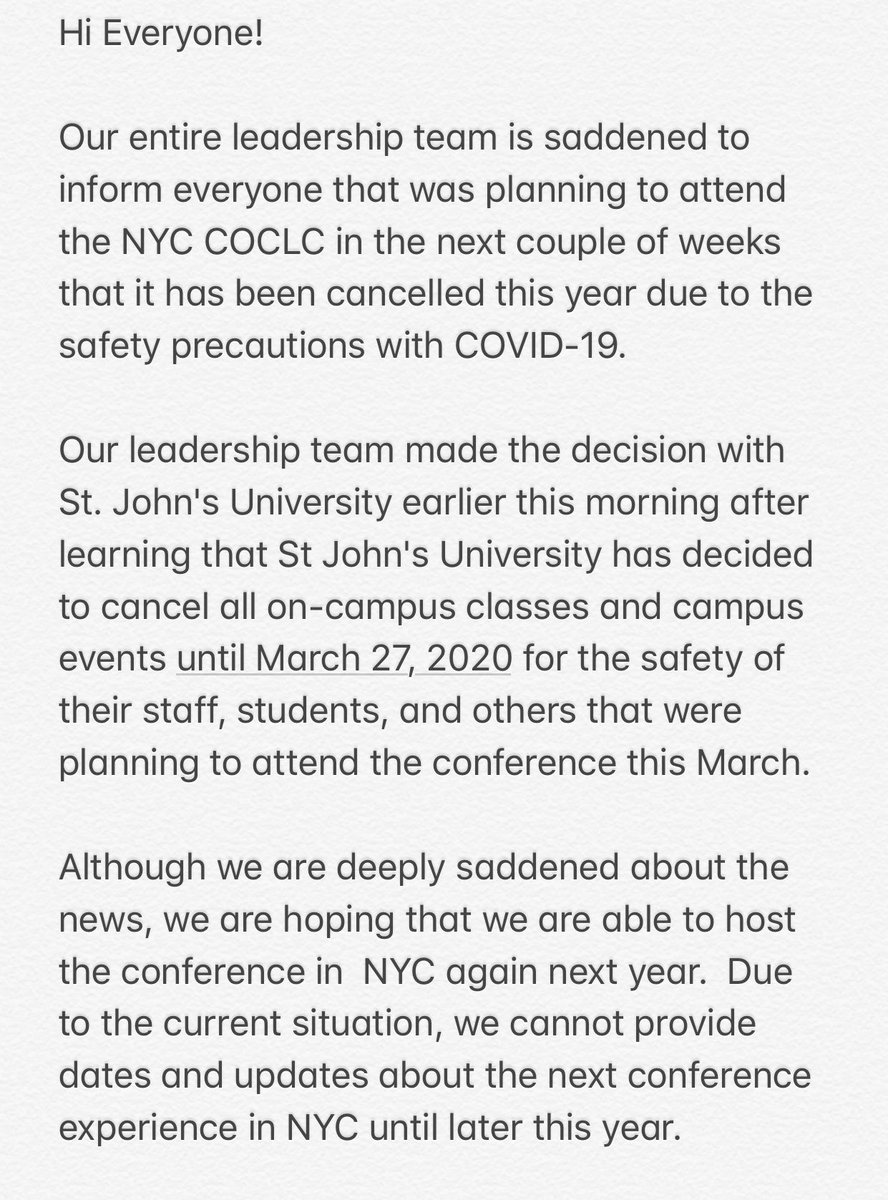 COCLC's tweet photo. #coclcnyc2020 UPDATE, Please read and stay safe  ‼️ https://t.co/xujEnbTEI1