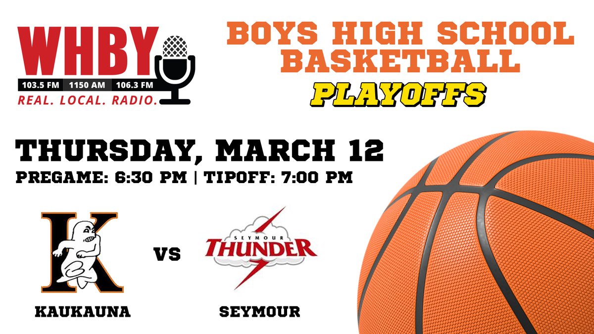 whby's tweet photo. WIAA Boys Sectional Semifinal Basketball returns tomorrow night!

We've got @Kaukaunabball vs. @SeymourThunder_ from Ashwaubenon High School!

Pregame gets started at 6:30pm with tipoff at 7:00pm!

Listen here: https://t.co/NB49iNysvo https://t.co/fznaOrtPDZ