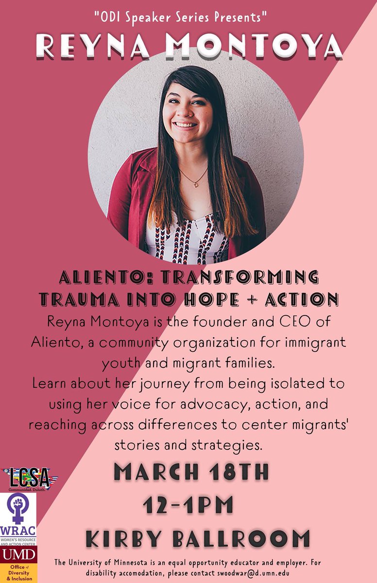 UMDuluth Diversity (@umd_odi) on Twitter photo Weâre thrilled to be hosting <a href="/ReynaEMontoya/">Reyna Montoyađ”</a> next week for our Speakers Series! This yearâs theme is Solidarity & we hope youâll join us Wed. March 18 from 12-1 in the Ballroom to engage with this vital social justice concept! Weâre thrilled to be hosting <a href="/ReynaEMontoya/">Reyna Montoyađ”</a> next week for our Speakers Series! This yearâs theme is Solidarity & we hope youâll join us Wed. March 18 from 12-1 in the Ballroom to engage with this vital social justice concept!