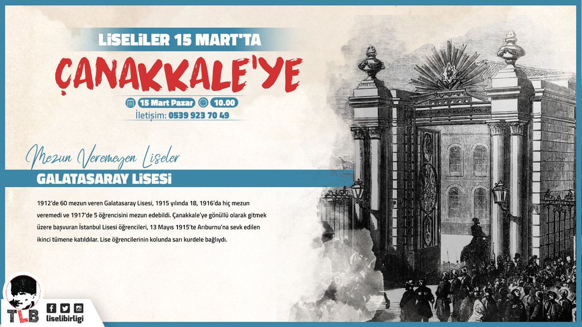 Çanakkale'de kahramanca savaşan Galatasaray Lisesi öğrencileri gibi vatan savunmasındayız! 🇹🇷

Onlarla aynı ruh ve heyecanı paylaşıyor,
15 Mart'ta Çanakkale'ye gidiyoruz!

Hadi sen de adını yazdır, vatan savunmasına katıl!  
☎0541 952 79 69
#LiselilerÇanakkaleye