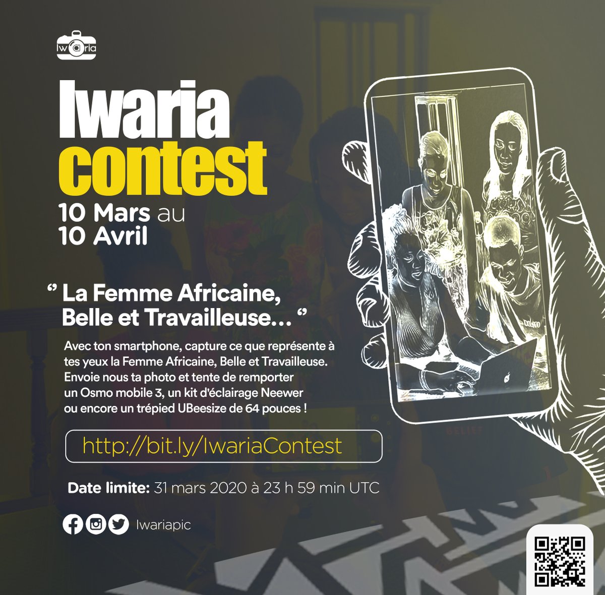 Avec ton smartphone, capture ce que représente à tes yeux la Femme Africaine, Belle et Travailleuse. Envoie-nous ta photo via bit.ly/IwariaContest et tente de remporter un Osmo mobile 3, un kit d'éclairage Neewer ou encore un trépied UBeesize de 64 pouces! 
#IwariaPixelContest