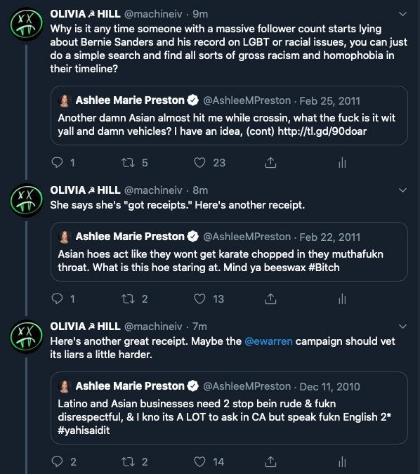 comments made by a celebrity surrogate Ashlee Marie Preston, who said homophobic and racist things. Preston made a video for Warren and Warren's silence about her past comments are inconsistent with what she demanding of Bernie and claiming to be committed to. (8/?)