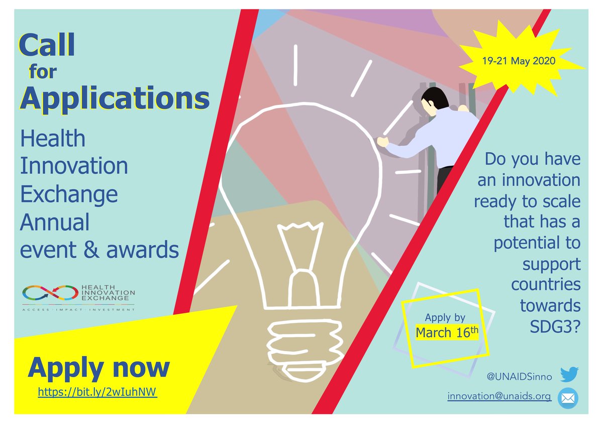 HIExinno's tweet photo. Calling all innovators! Could you win a HIEx 2020 Award? Regardless of adapting events to the #COVID-19 situation, the HIEx Awards for top innovations for health will be given out in May, don’t miss the deadline and submit by 16 March at https://t.co/G5AnTWAmMZ. #SDG3 #innovation https://t.co/rqogftGgA1