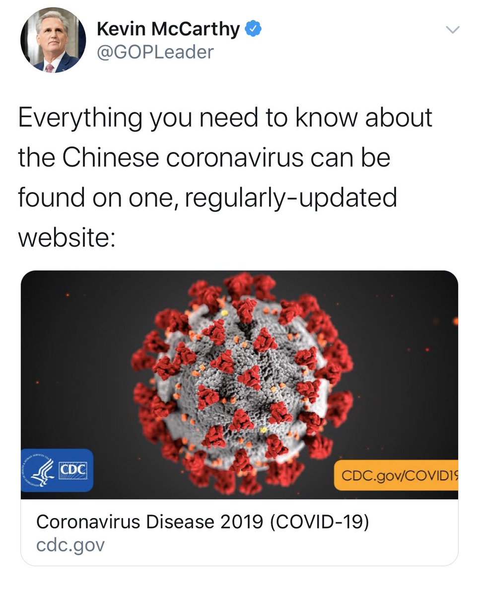 Calling it the 'Chinese coronavirus' isn't just racist, it's dangerous and incites discrimination against Asian Americans and Asian immigrants. @GOPLeader, delete this tweet―now. It's beneath the office of a member of Congress, let alone a party leader.