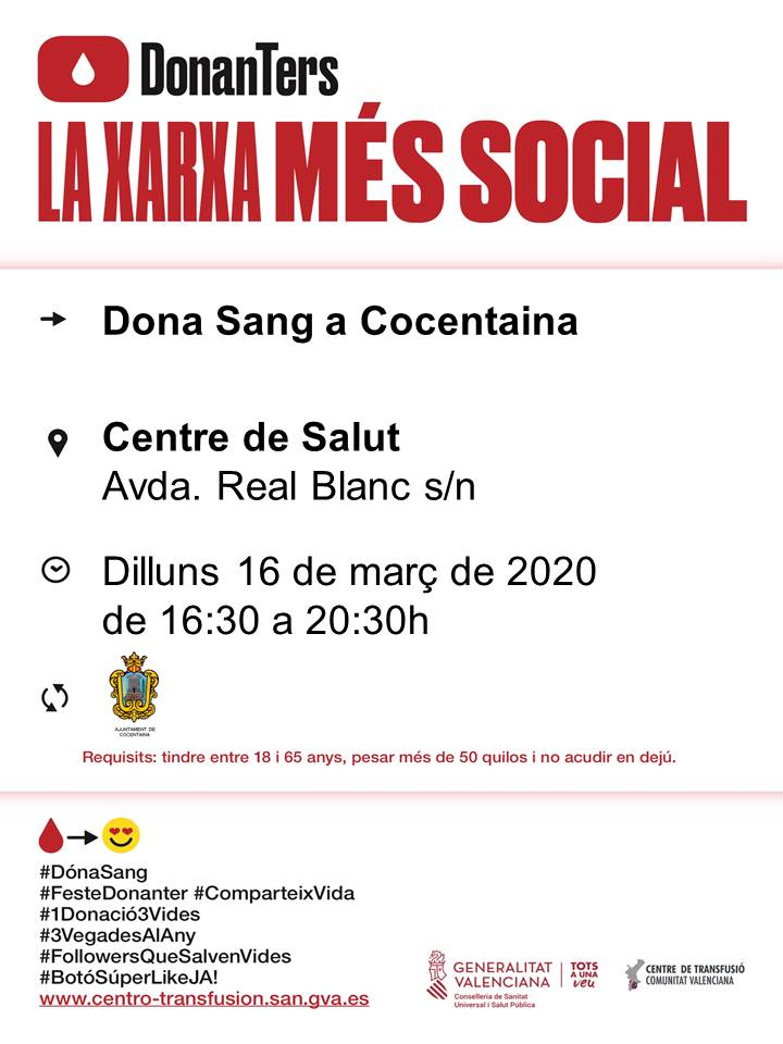 📢 L'Ajuntament de #Cocentaina et recorda que el pròxim 16 de març hi haurà donació de sang al Centre de Salut. No oblideu que amb un gest solidari podem salvar vides. Participeu !!!