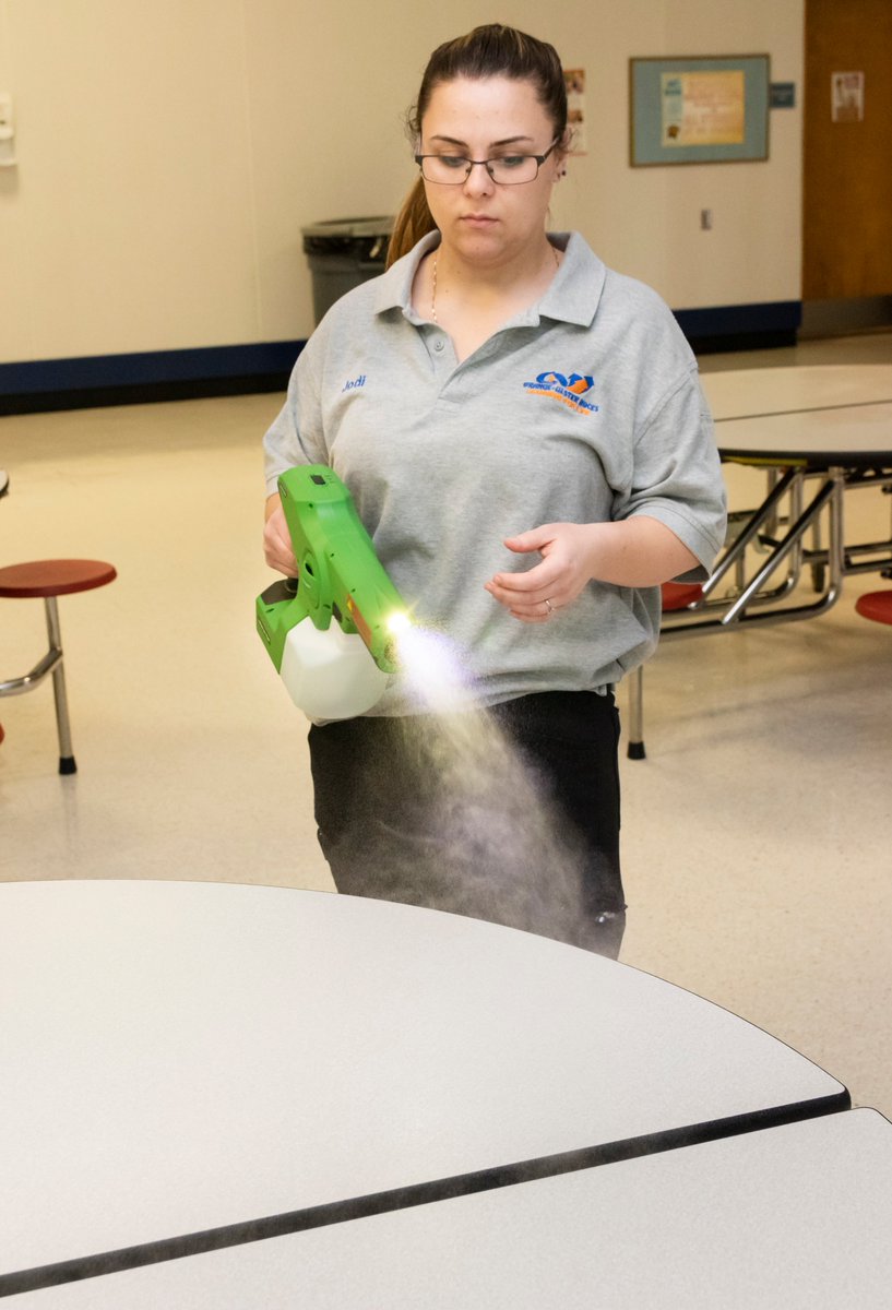 ouboces's tweet photo. Jodi Conklin of Orange-Ulster BOCES Operations and Maintenance uses an electrostatic handheld sprayer to disinfect cafeteria tables at the Emanuel Axelrod Education Center on March 10, 2020. https://t.co/Tz9YlxQNp9