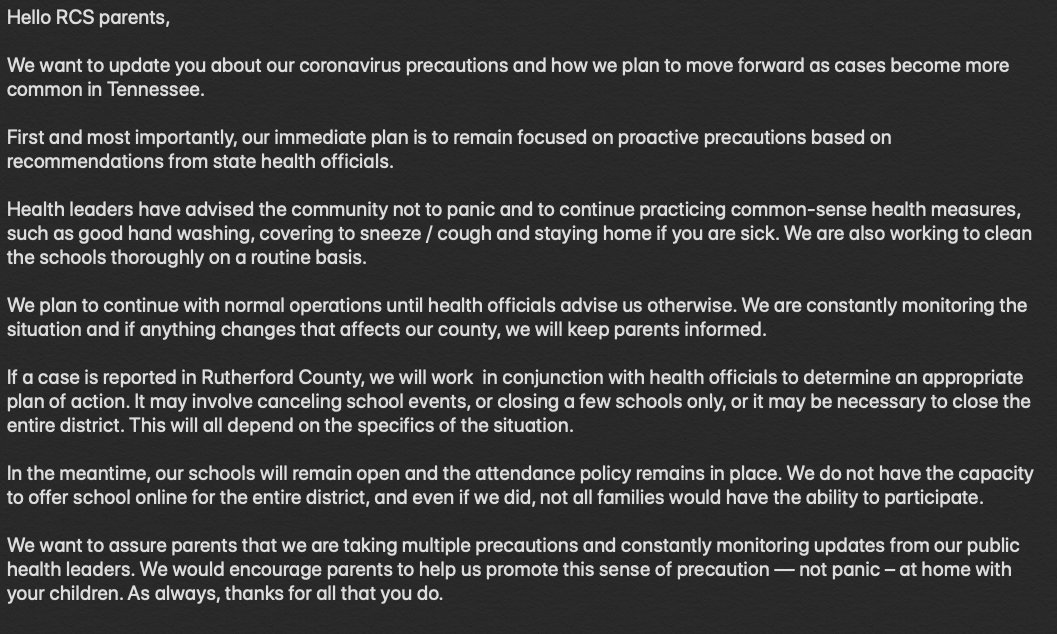 Parents, please see our latest update about the precautions we are taking regarding coronavirus &amp; the plan we have in place should a case be reported in Rutherford Co. We will keep parents informed as our state and local health officials address this issue. Thanks for all you do!