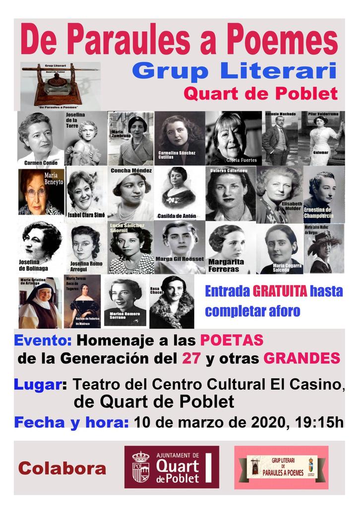 rosamquart's tweet photo. Gran acte el de hui a #quartdepoblet "homenaje a las poetas de la Generación del 27 y otras grandes" #gloriafuertes #mariazambrano #elitsabethmulder #pilarvalderrama #mariabeneyto Enhorabona al Grup Literari De Paraules a Poemes per donar a conèixer #dones #silenciades #cultura https://t.co/1MjlZwHqDv