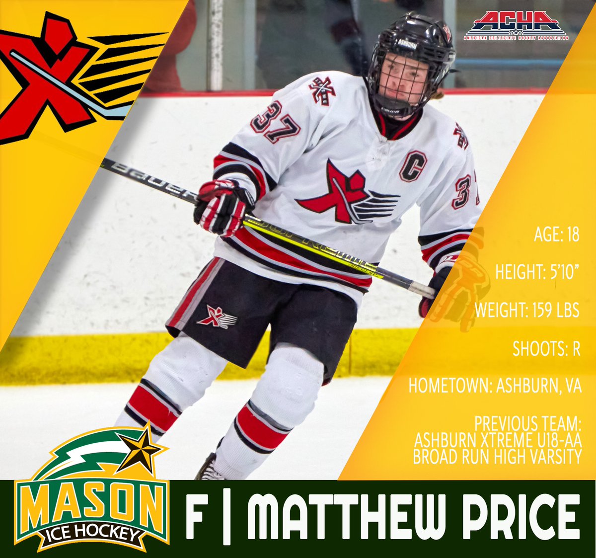 Introducing Matthew Price, a recent U18 state champ and our first @achamensd1 commitment! 

We're excited to see what Price will do with #GMUhockey next season, and wish him &amp; <a href="/AshburnXtreme1/">Ashburn Xtreme</a> best of luck at Nattys in April!

Learn more: bit.ly/firstd1recruit