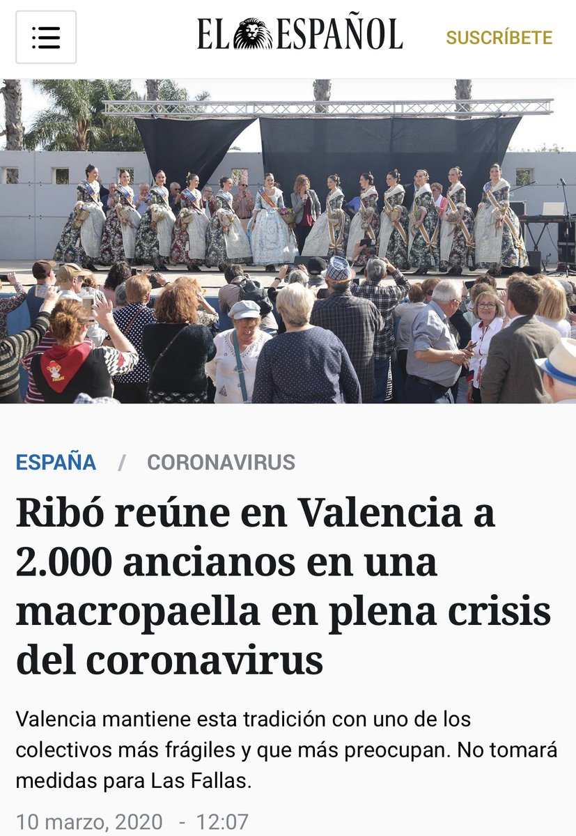 CasoAislado_Es's tweet photo. Ni 12 horas han pasado entre las dos noticias. Esta es la irresponsabilidad de la izquierda valenciana. Por la mañana el alcalde progre de Valencia organiza una paella con 2.000 ancianos y por la noche, anuncia la suspensión de las Fallas. 

¡Son unos irresponsables! https://t.co/73oOWdremD