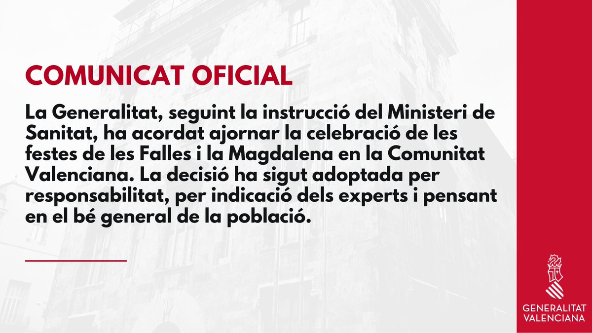 ❗️ La decisió de la <a href="/generalitat/">Generalitat</a> afecta també les #FallesBenicarló2020. Anirem informant de totes les novetats que es vagen produint