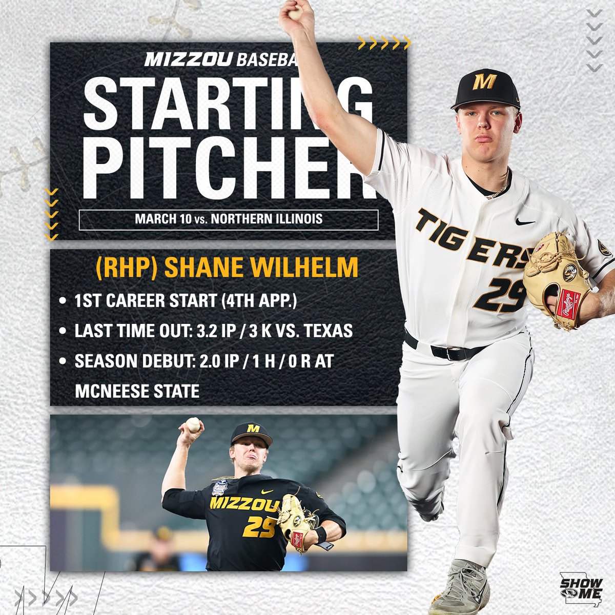 MizzouBaseball's tweet photo. .@shanewilhelm_ receives his 1st career #Mizzou start on the bump❗

#C2E 🐯⚾ https://t.co/2P2kKrx6Ai