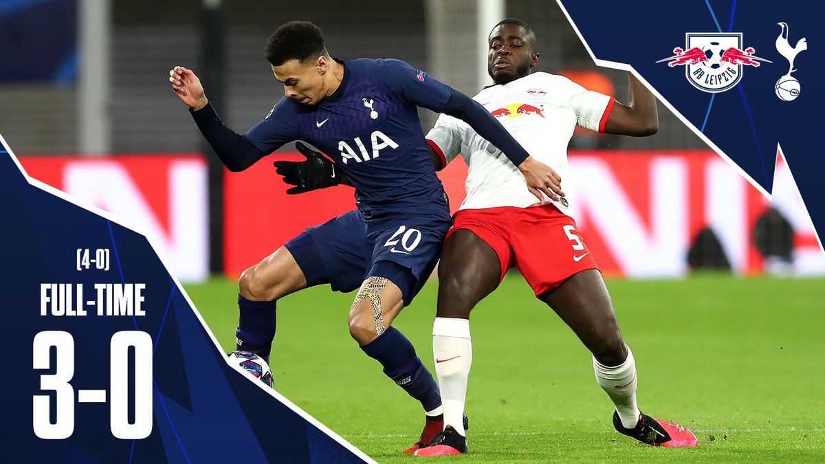 SpursOfficial's tweet photo. Full-time in Leipzig. 

⚪️ #RBL 3-0 #THFC 🔵 (4-0) https://t.co/Wa9dwqTjNP