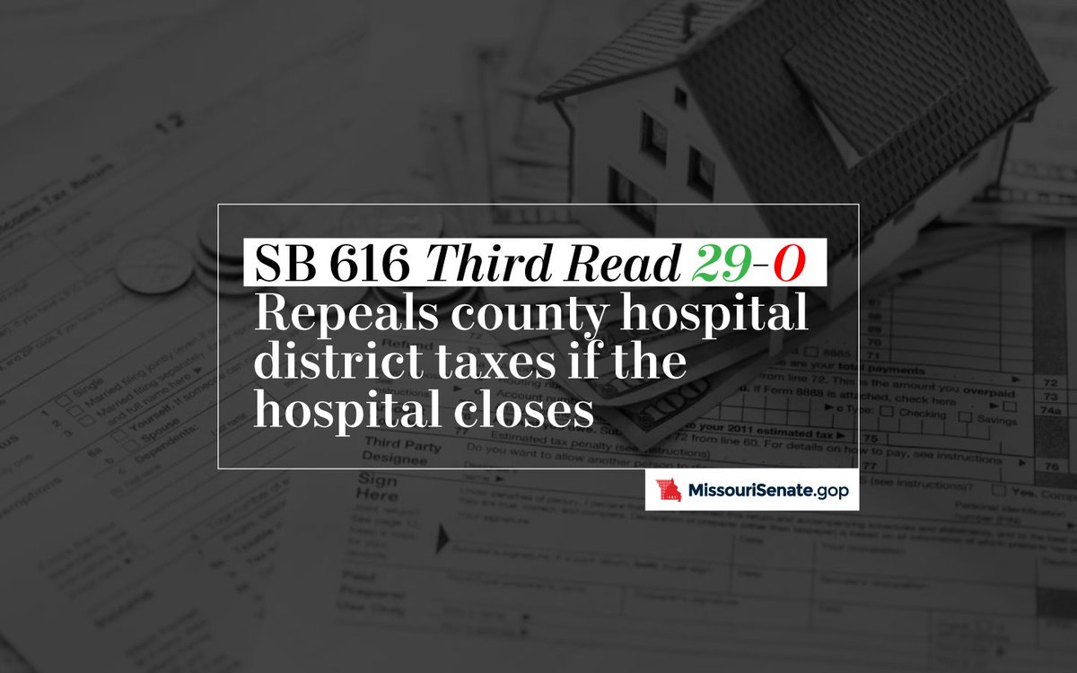 SB 616 (<a href="/SenCunningham33/">Mike Cunningham</a>) Third read by the Senate 29-0. Repeals county hospital taxes if the hospital closes. #moleg