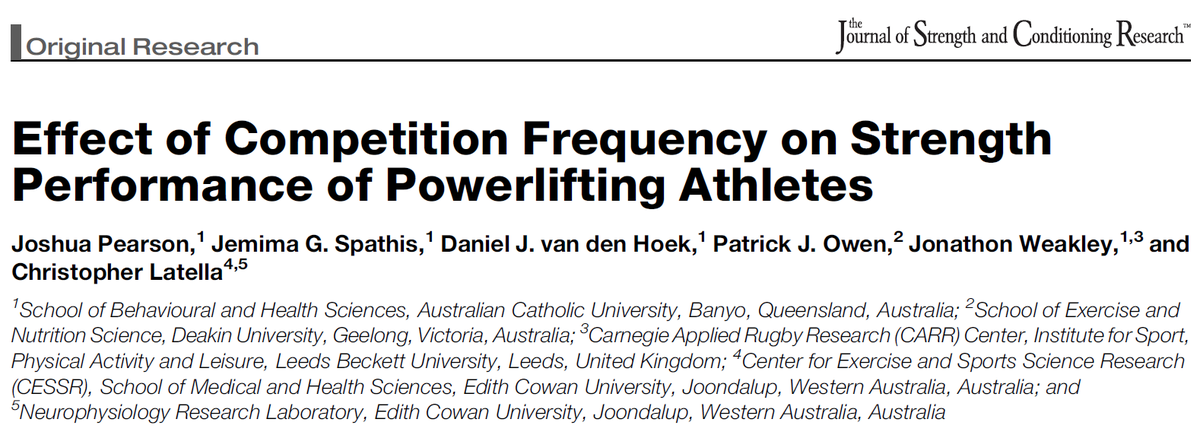 PatrickOwenPhD's tweet photo. ๐จ#Published: Effect of competition frequency on #strength performance of #powerlifting #athletes. Our newest #research in @JSCRonline: https://t.co/Ah4tORF51R.
//@DeakinIPAN @Deakin_ExSc #DeakinMASS @DrStrength4Life #fitness #gym #training #PatStats https://t.co/4YA61jYkgr