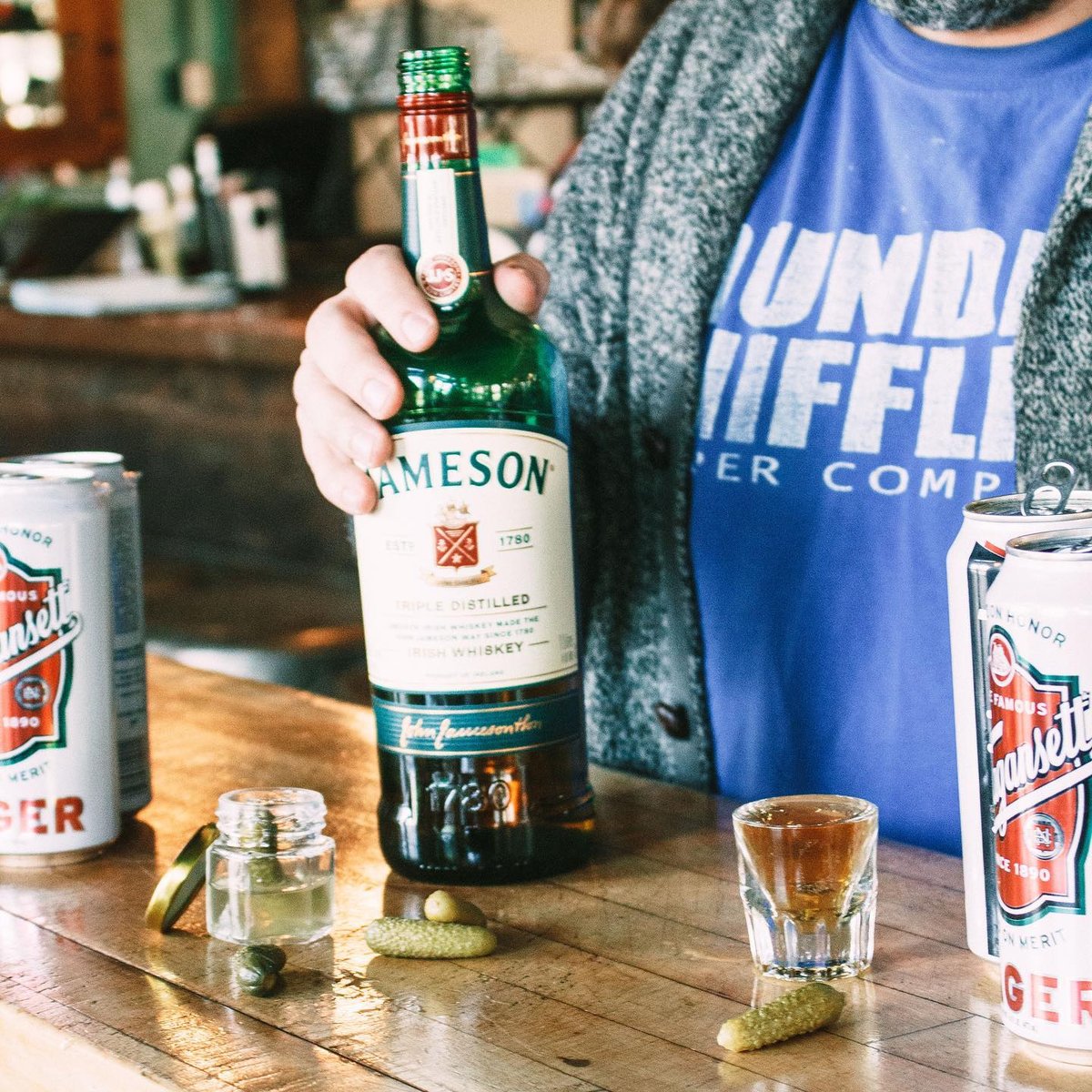 Gansettbeer's tweet photo. .@thecrestgastropub knows how to do it right. Hands up ☝🏽 for a @jameson_us pickleback and a 'Gansett chaser for #StPatricksDay. #HiNeighbor #IrishNeighbor https://t.co/0PWeQR0fkU
