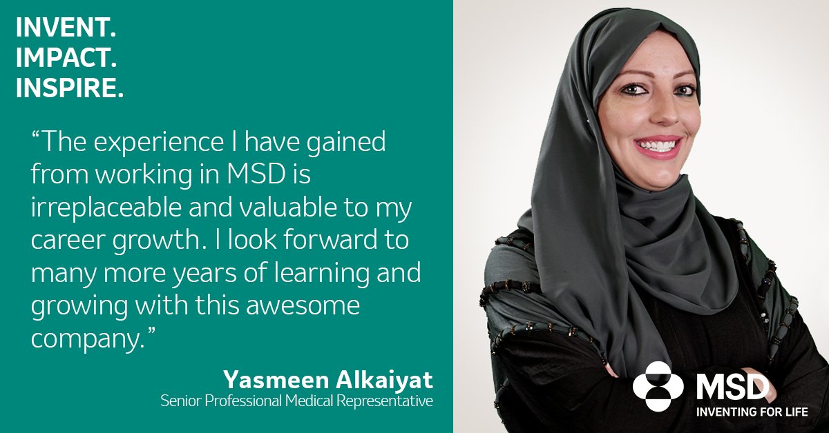 msdcareers's tweet photo. A job at MSD means constant learning. See what Senior Professional Medical Representative, Yasmeen Alkaiyat had to share about her learning experience working at #MSDGCC. Explore jobs with us today: https://t.co/mZpyi36tg3 #AtMSDImInspired #MSDEMEA #JoinMSDHumanHealth https://t.co/xxO8P6DVIz