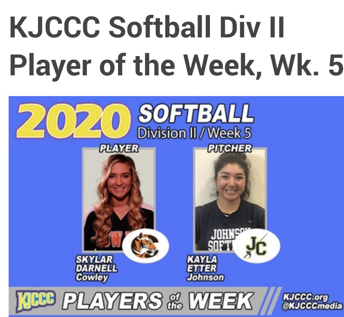 jccc_softball's tweet photo. Congrats to Kyla Etter for being Pitcher of Week!!! https://t.co/OnbKMr8POs
