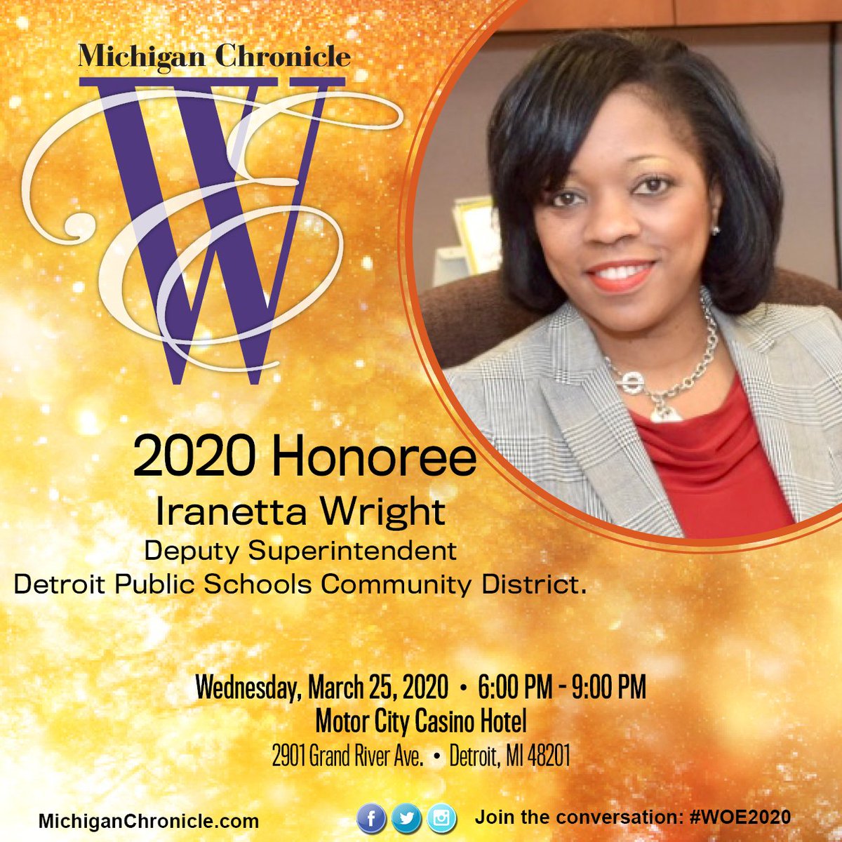 MIChronicle's tweet photo. Join us in congratulating Ms. Iranetta Wright, Deputy Superintendent, Detroit Public Schools Community District, for being selected as a 2020 Michigan Chronicle Women of Excellence Honoree. Visit https://t.co/6oN7kjQq0w for more information. #michiganchronicle #woe2020 https://t.co/xyHpV9zlKD