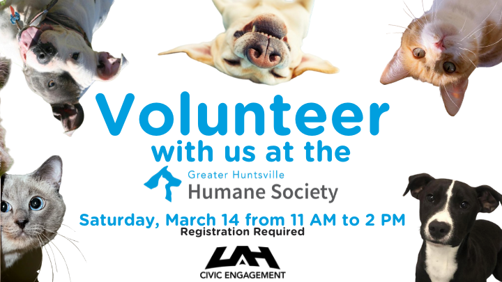 Register today to spend your Saturday with the rescue pets at the Huntsville Humane Society! <a href="/uahstudentlife/">UAH Student Life</a> is taking a group of students to volunteer at the shelter on 03/14 at 11 am.
uah.edu/events/icalrep…