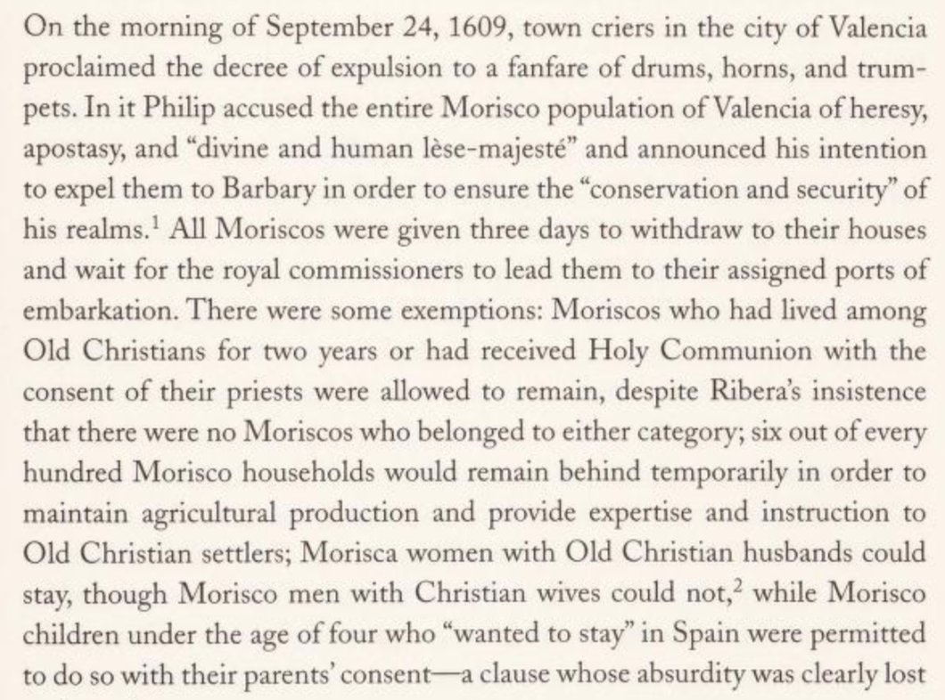 by the 1600s, philip III was convinced the final bit of the muslim presence could not be eradicated, they had to be expelled. 1609, the edict of expulsion was passed & around 40-50% of the moriscos were forcibly expelled.